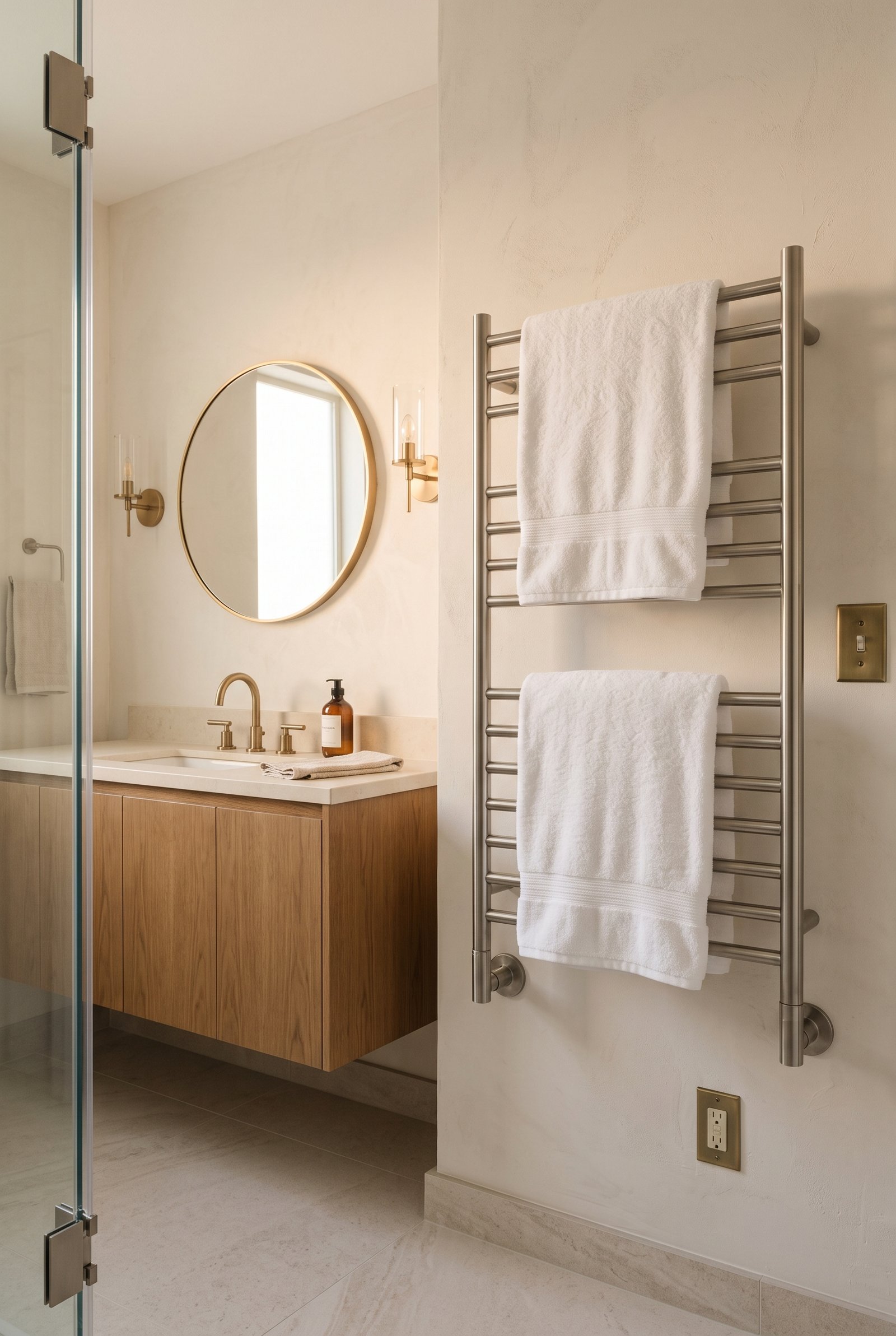 Wall-mounted towel warmer beside a luxury modern walk-in shower