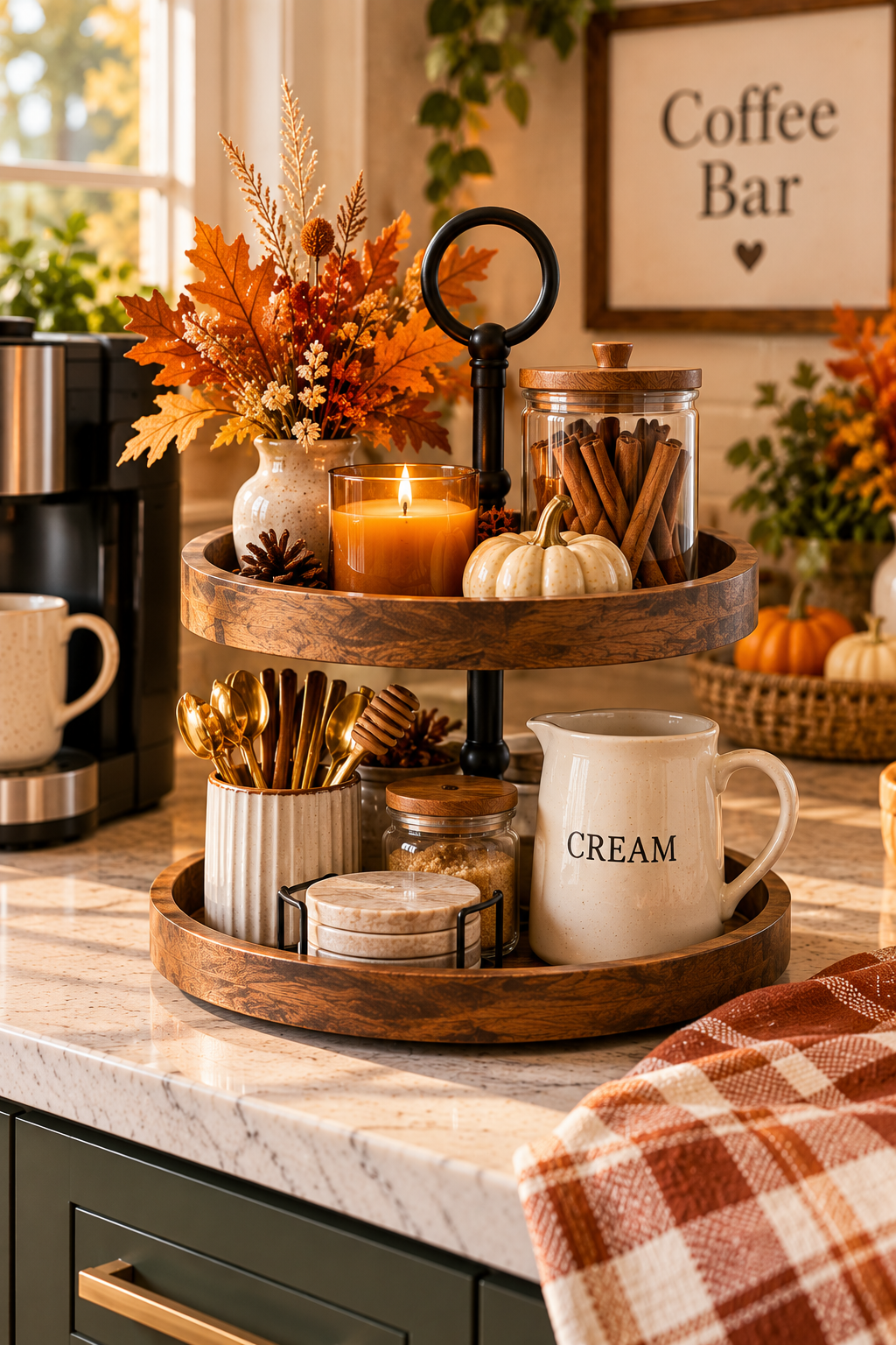 Two-tier coffee bar tray for cozy fall coffee bar organization