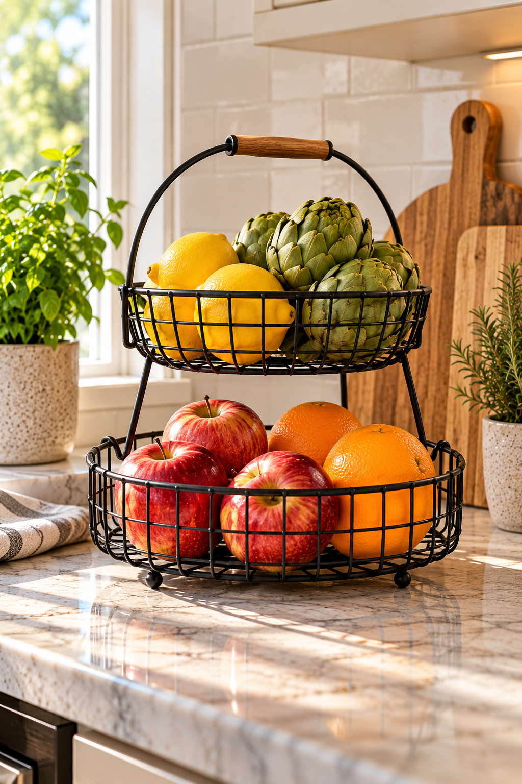 Two-tier fruit basket for organized kitchen countertop storage