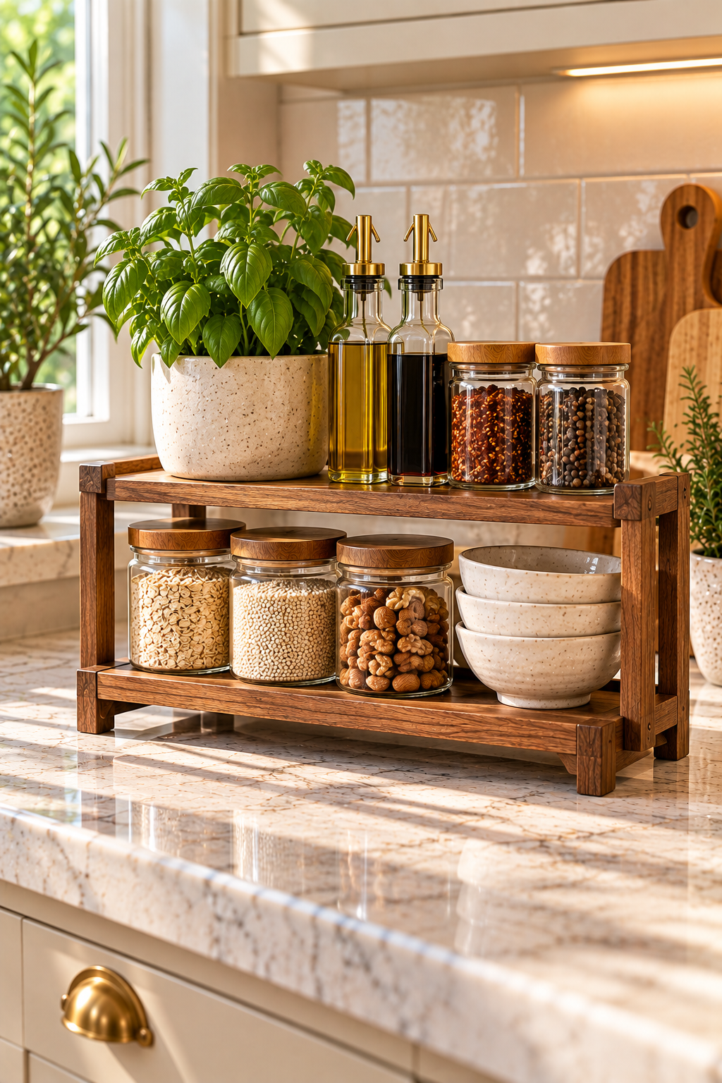 Two-tier kitchen countertop organizers holding everyday cooking essentials