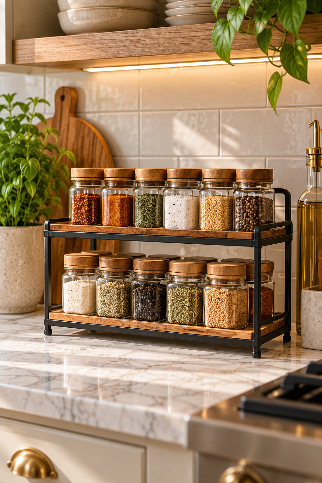 Two-tier spice organizer with glass jars on a kitchen countertop