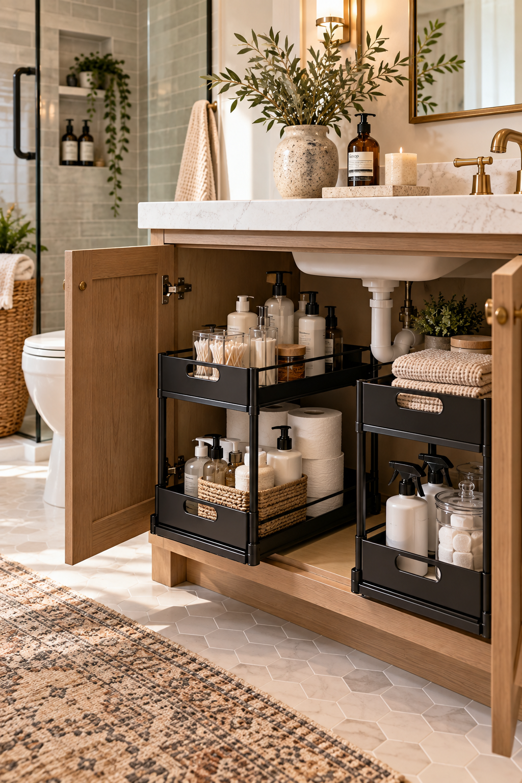 Two-tier under-sink organizer for modern bathroom storage ideas