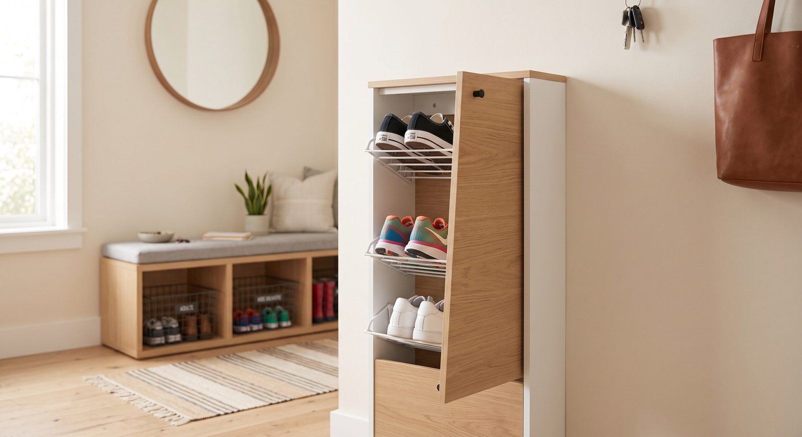 small entryway shoe storage solutions for big families using tilt-out shoe cabinets