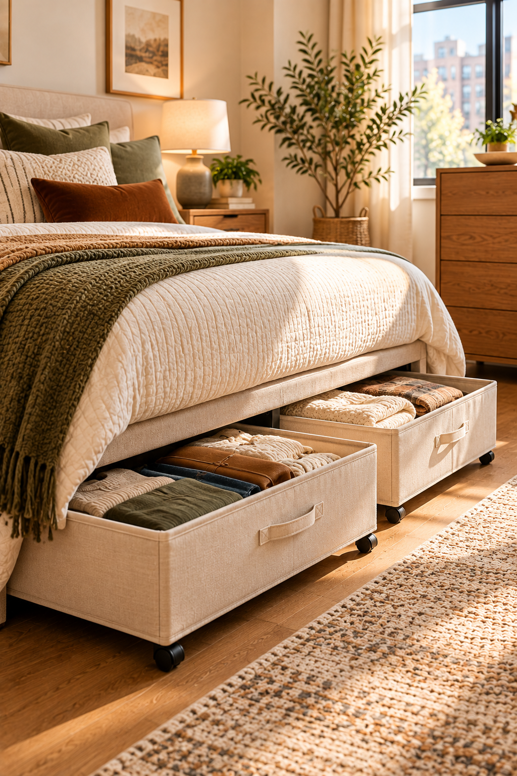 Under-bed rolling storage drawers for small space storage in an apartment without closets