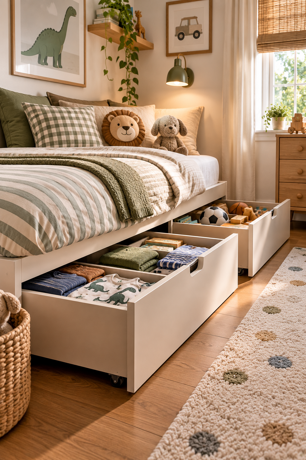 Under-bed storage drawers for a small kids room