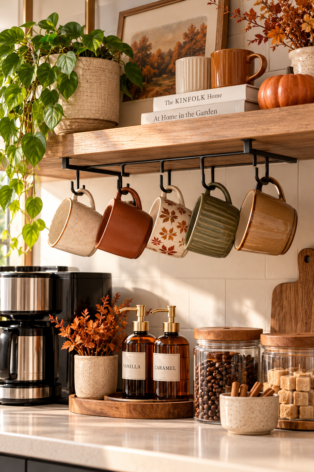 Under-shelf mug rack for space-saving fall coffee bar ideas
