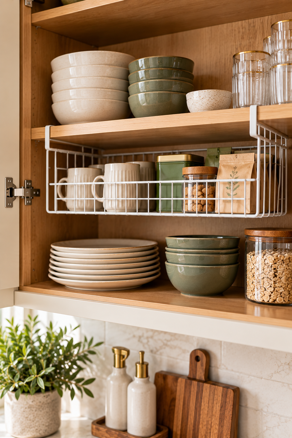 Under-shelf storage basket for organized kitchen cabinets
