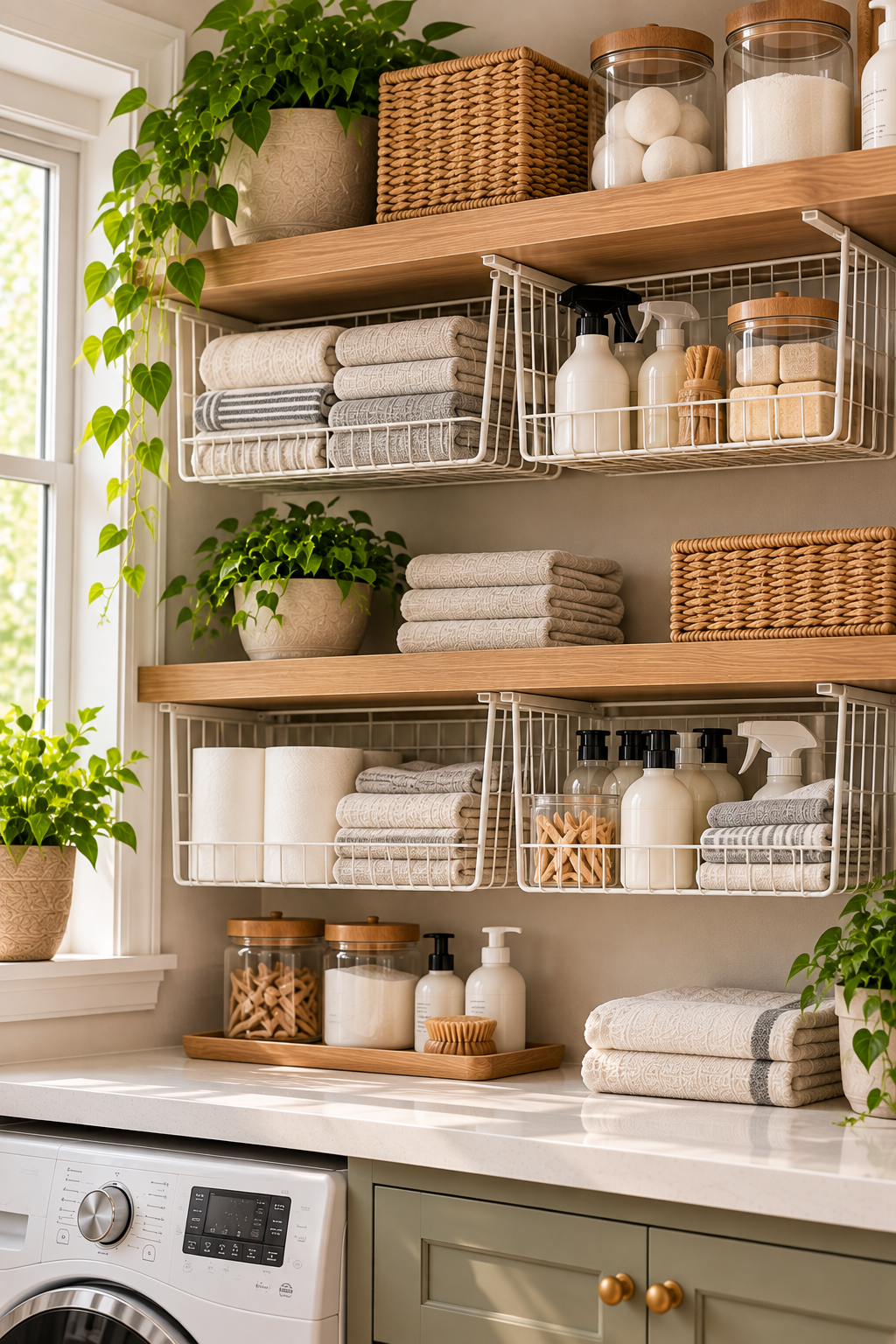 Under-shelf storage baskets for small laundry room storage ideas