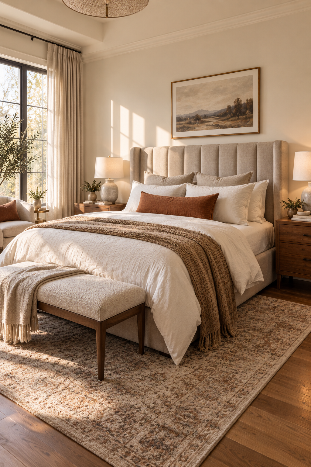 Upholstered headboard – one of our favorite cozy bedroom essentials for a warm bedroom