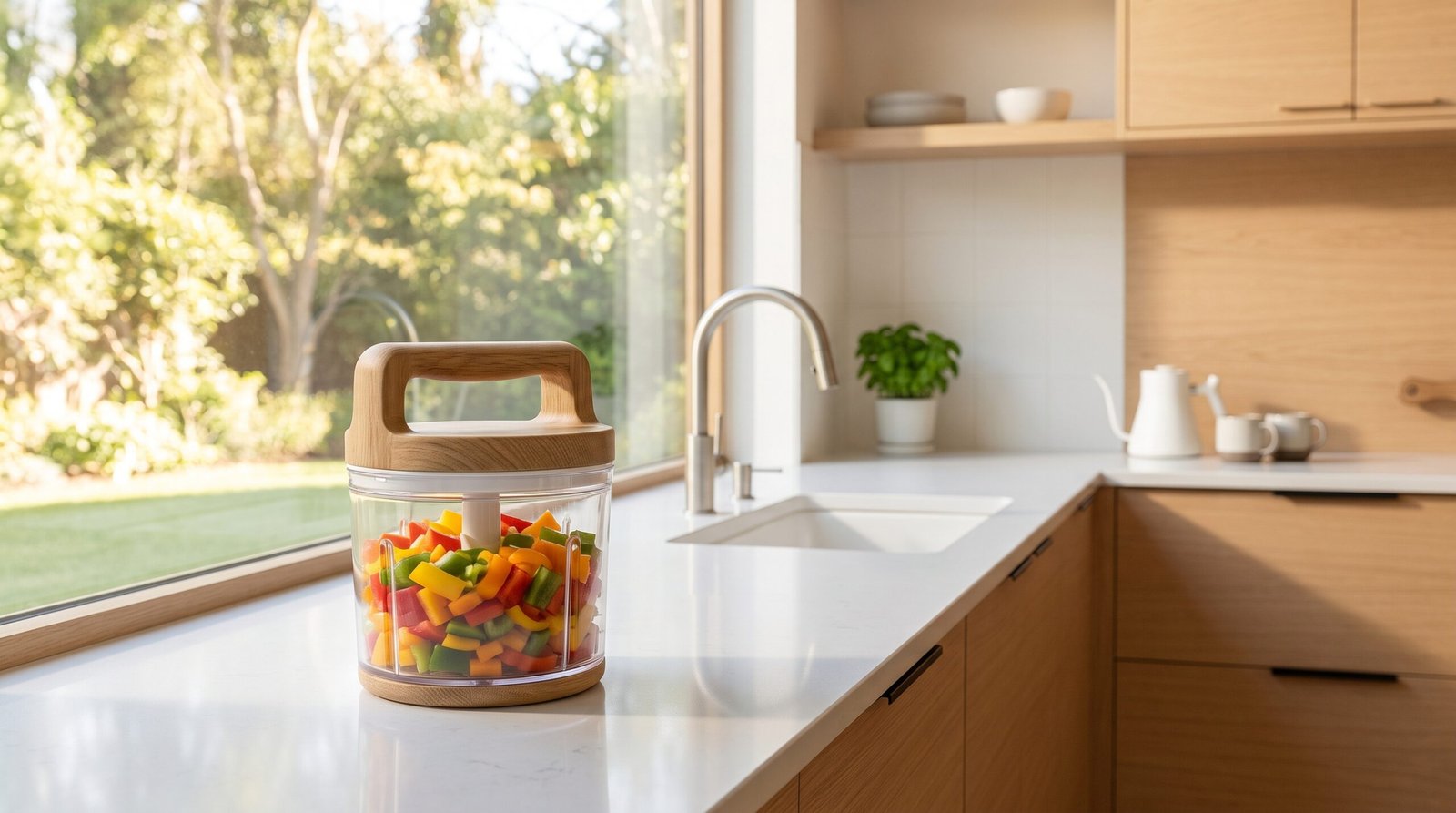 Compact multi-blade vegetable chopper on a modern kitchen counter