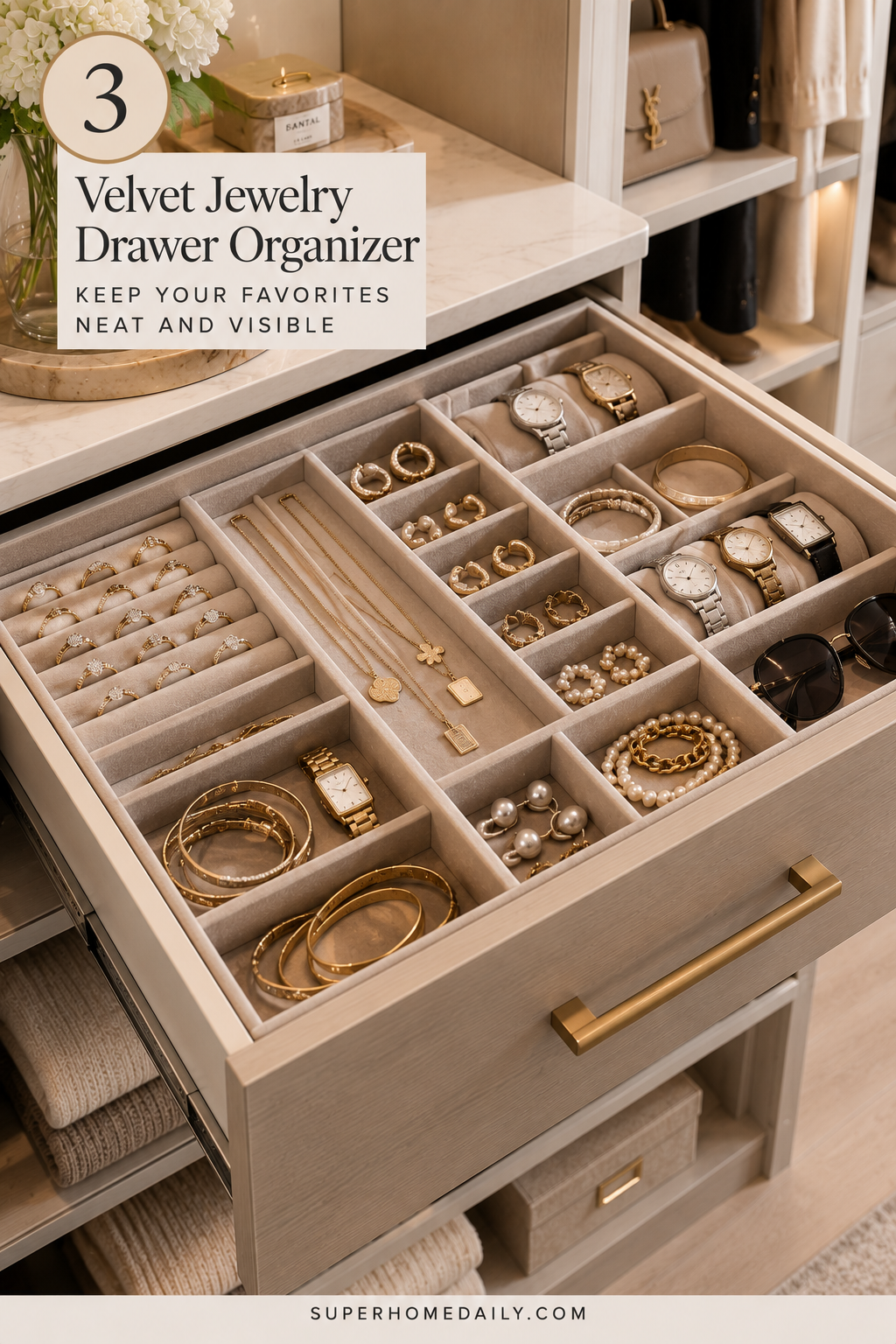Velvet jewelry drawer organizer for accessories in a luxury walk-in closet