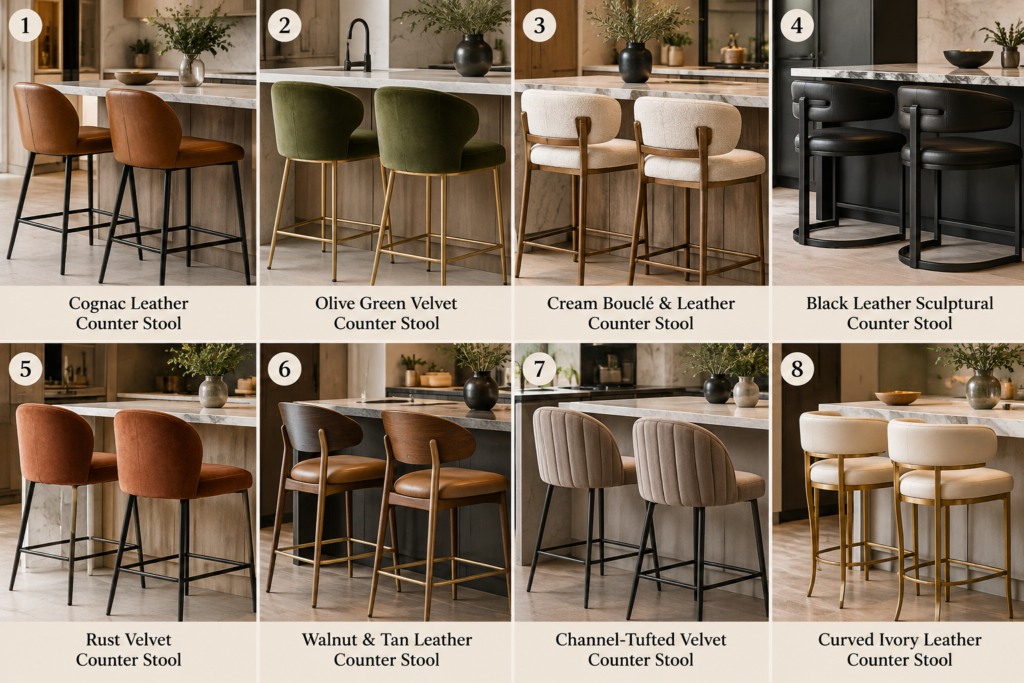 8 velvet and leather counter stools for modern islands