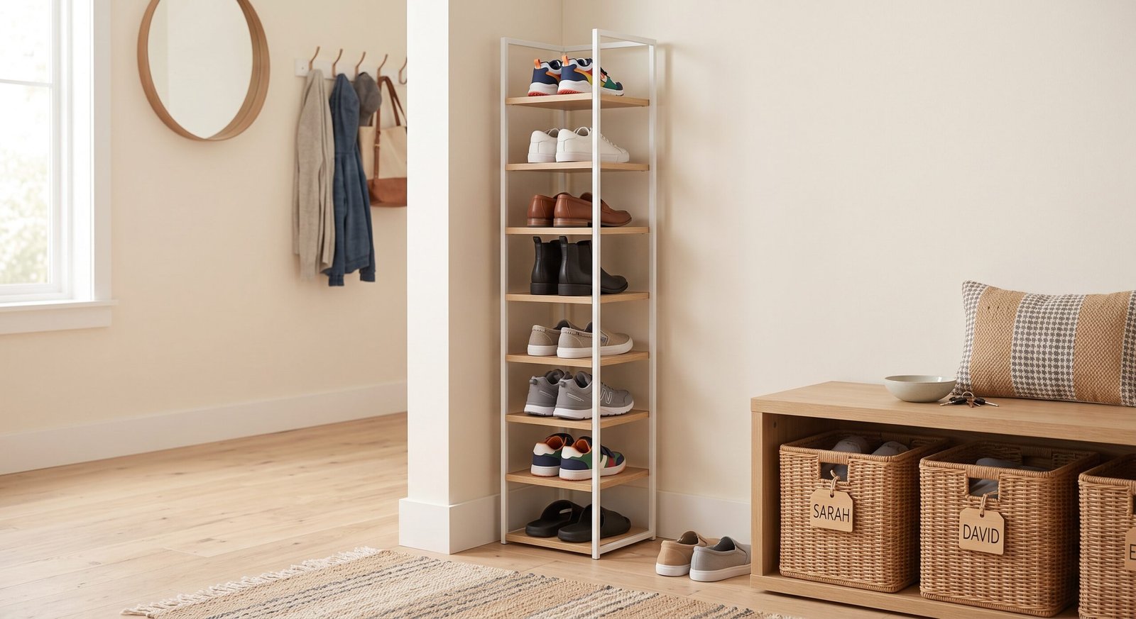 small entryway shoe storage solutions for big families featuring tall vertical shoe towers