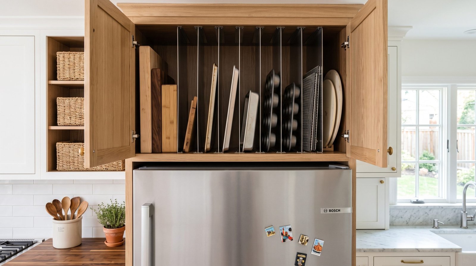 over the fridge storage ideas to maximize kitchen space vertical dividers