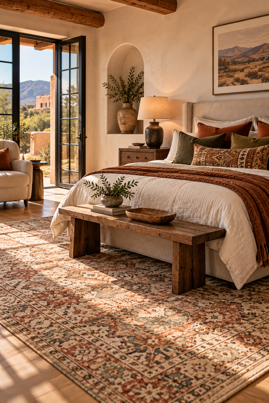 Vintage-inspired area rug for warm fall bedroom decorating ideas