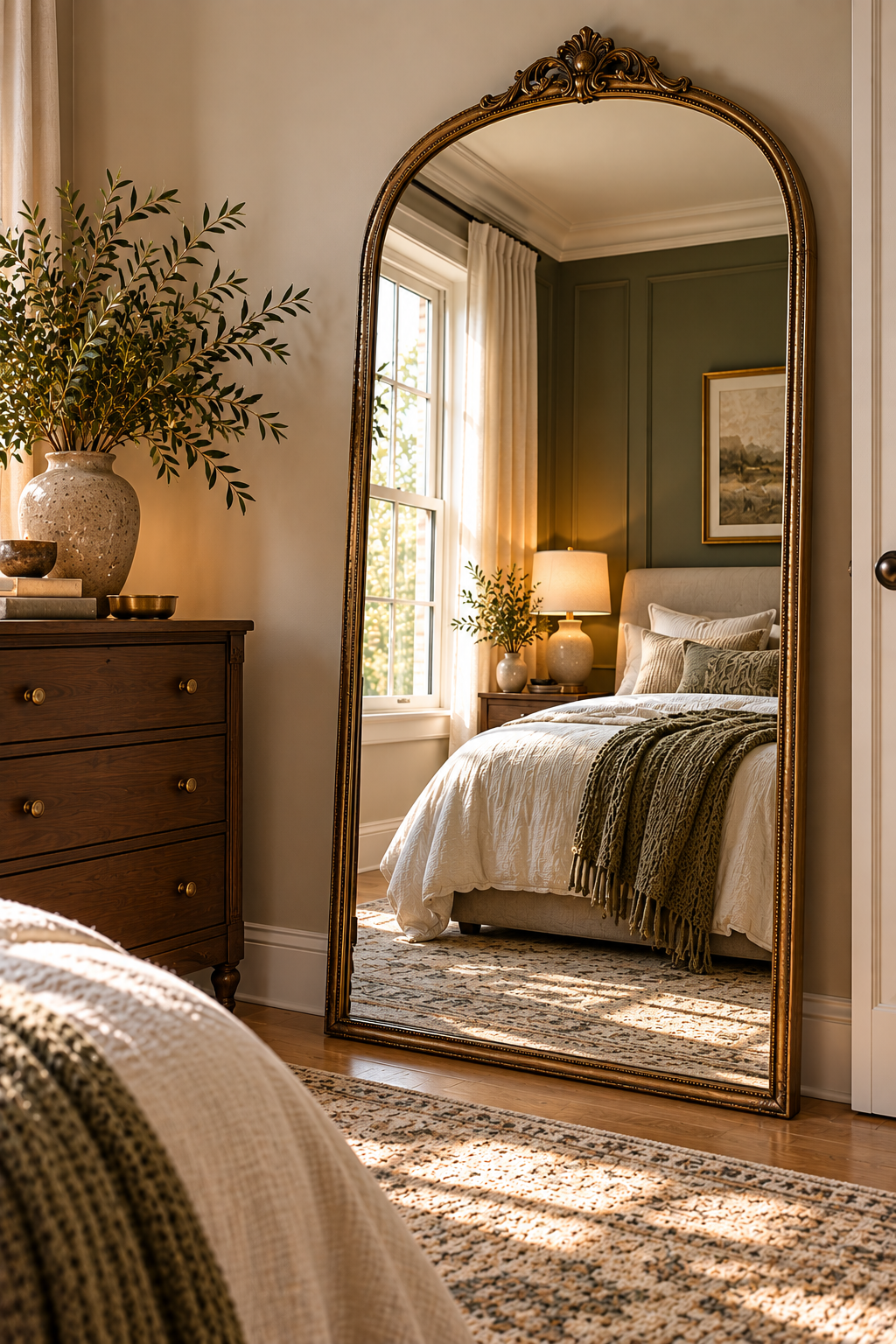 Vintage-inspired ornate arched floor mirror in a small bedroom