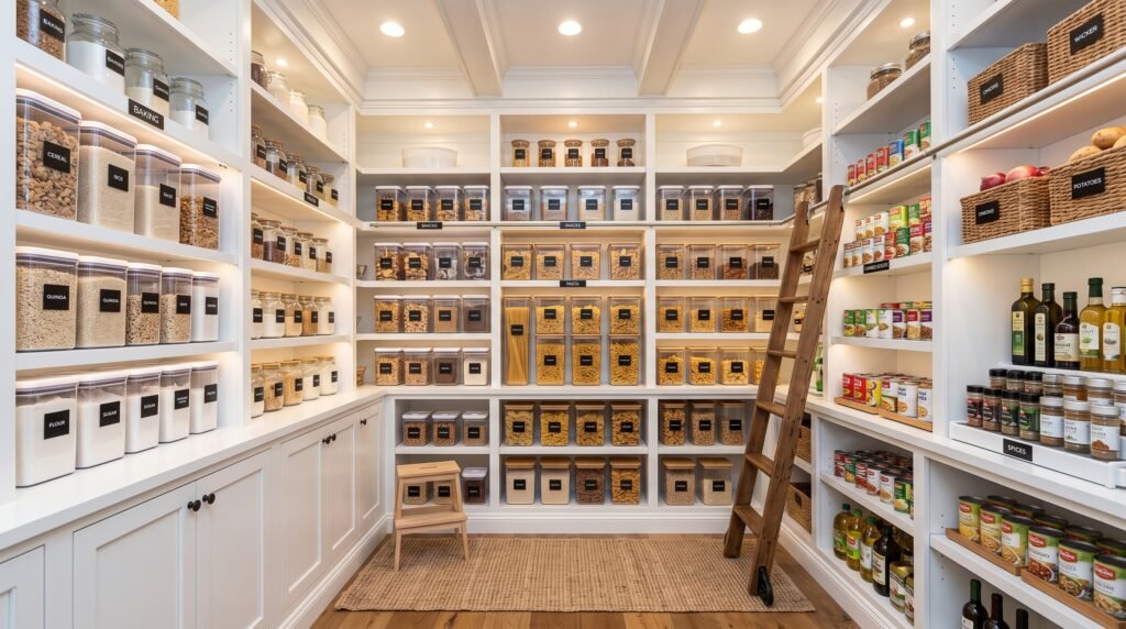 walk-in pantry organization ideas with clear bins modern shelves