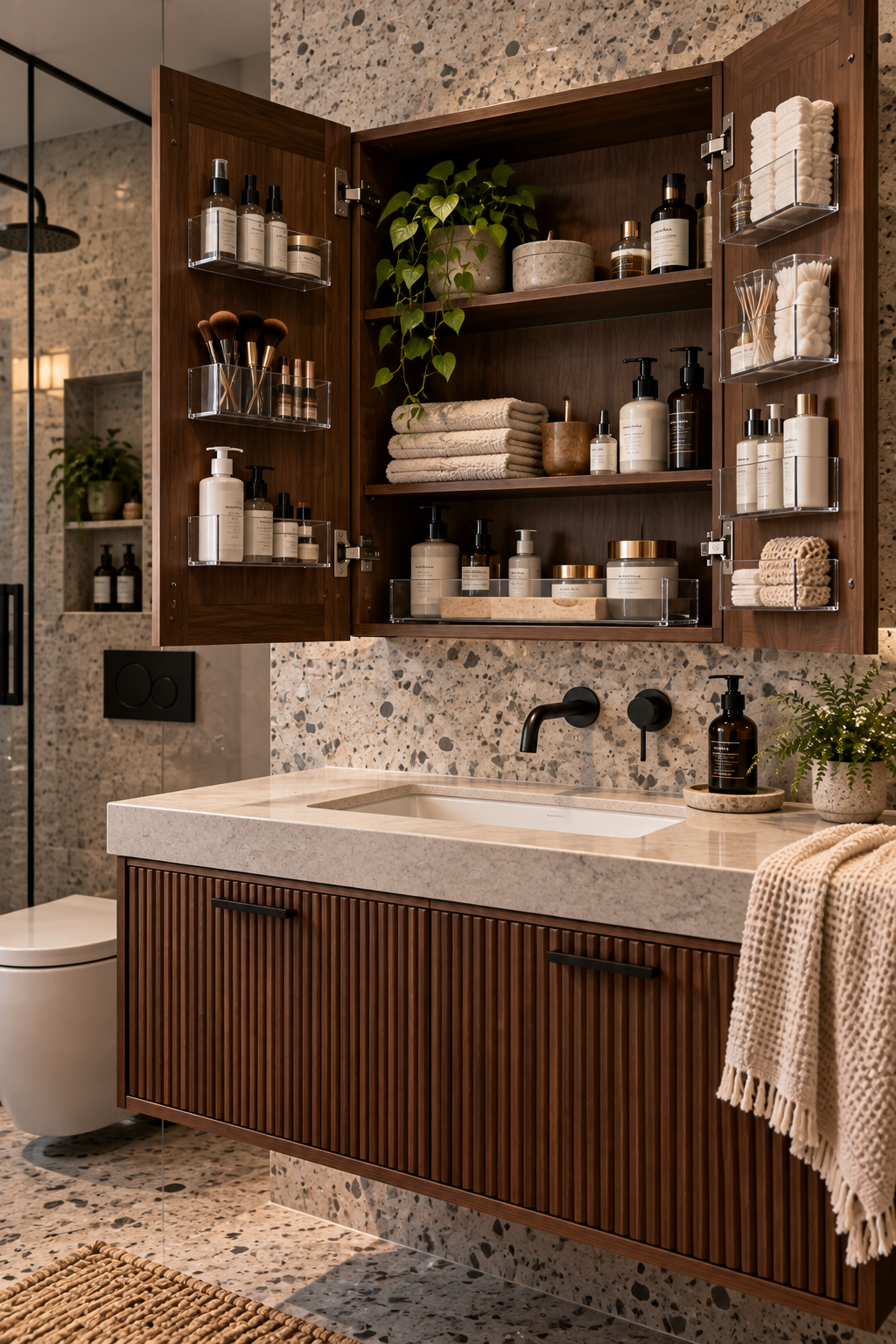 Wall-mounted bathroom storage cabinet for organized toiletries and towels