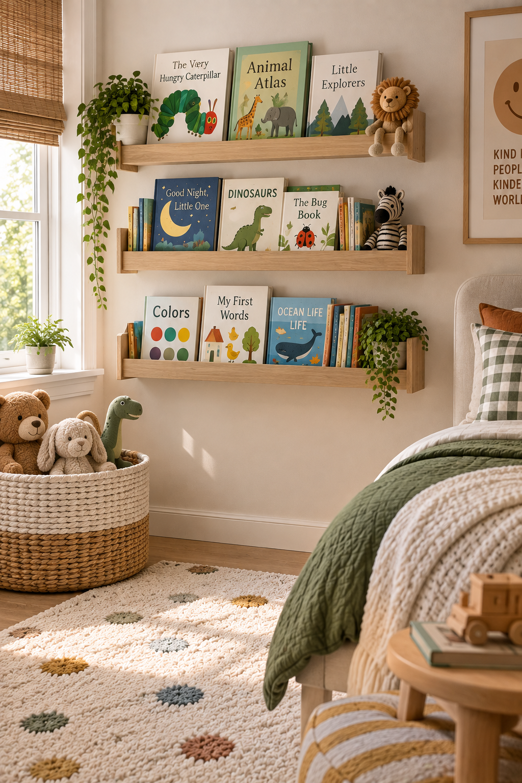 Wall-mounted bookshelf for a small kids room