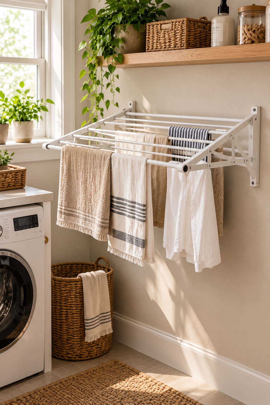 Wall-mounted drying rack for small laundry room storage ideas