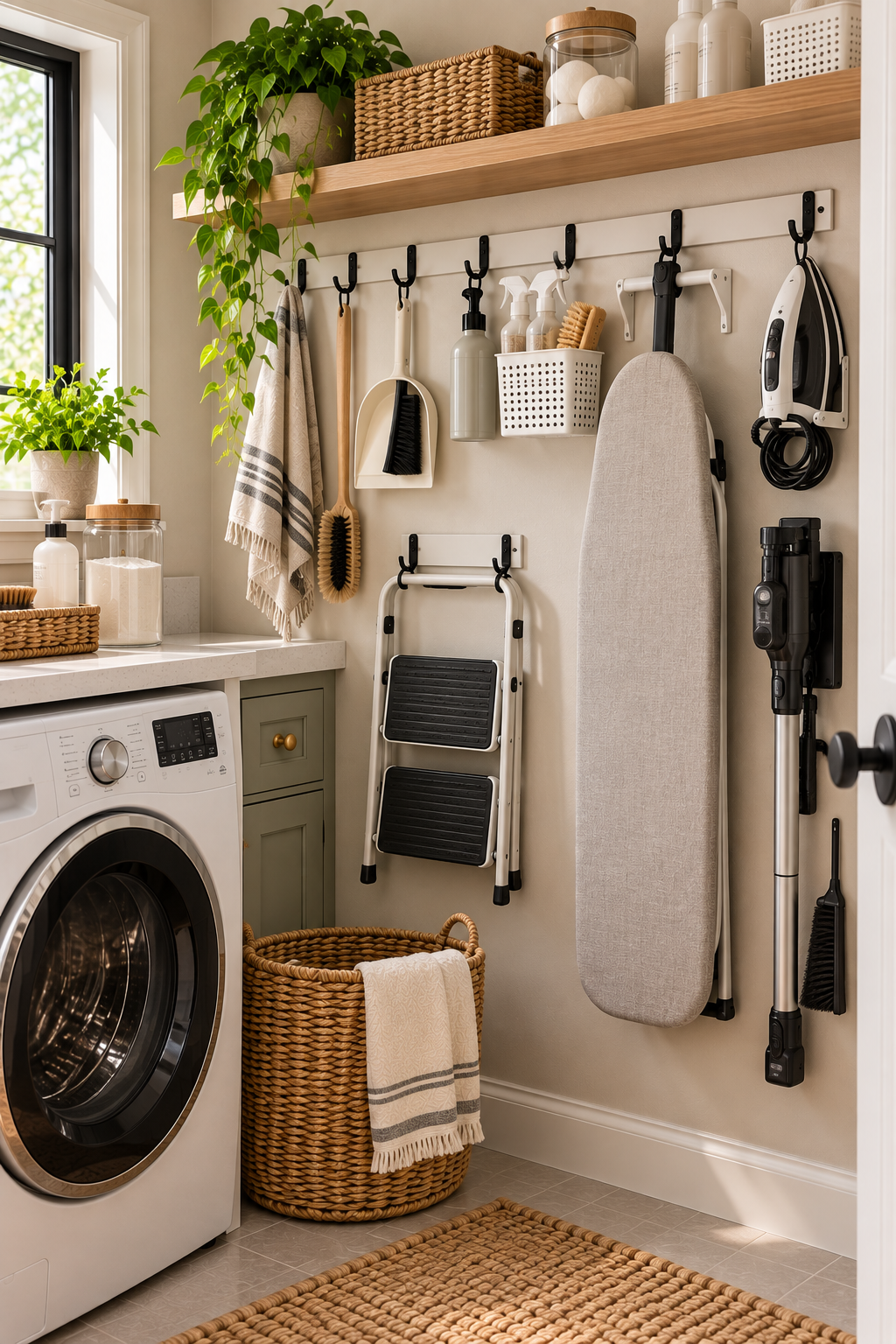 Wall-mounted utility hooks for small laundry room organization