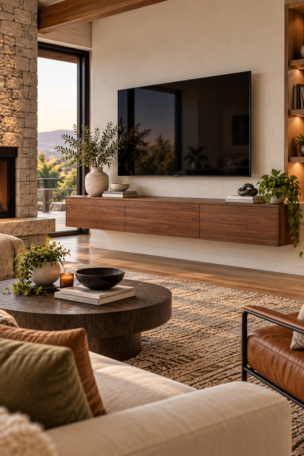 Walnut minimalist floating TV console with concealed cable management in a modern living room