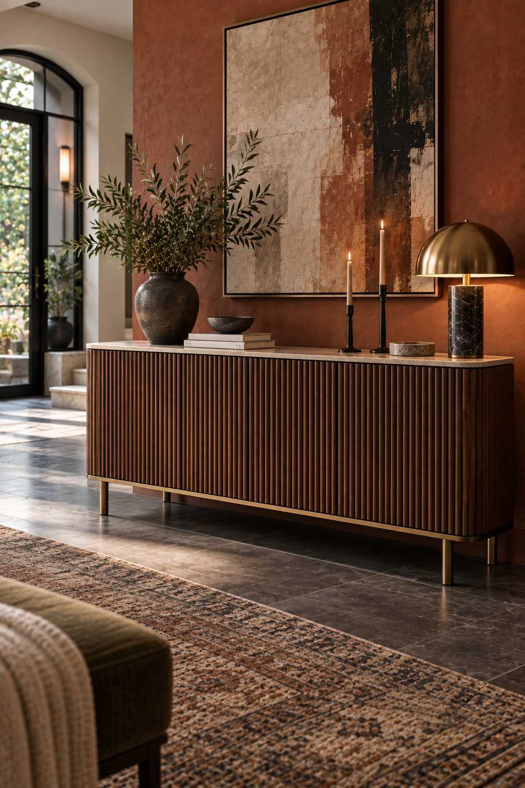 Rounded fluted wood credenza with stone top and brass legs in a modern entryway