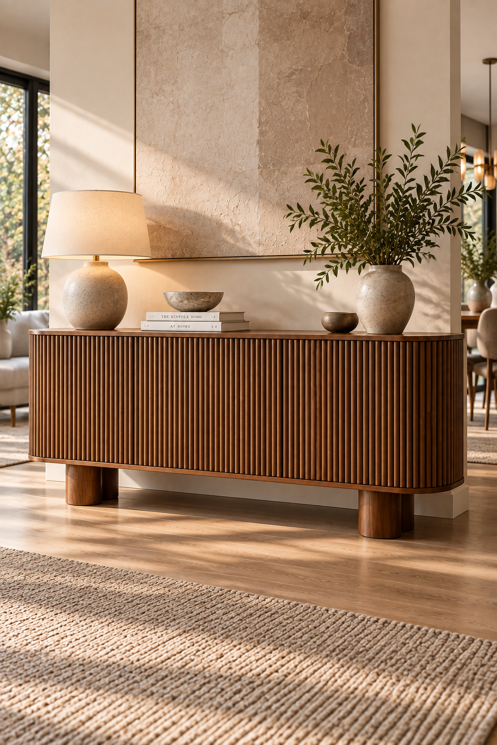 Walnut fluted wood sideboard with rounded details in a modern dining room