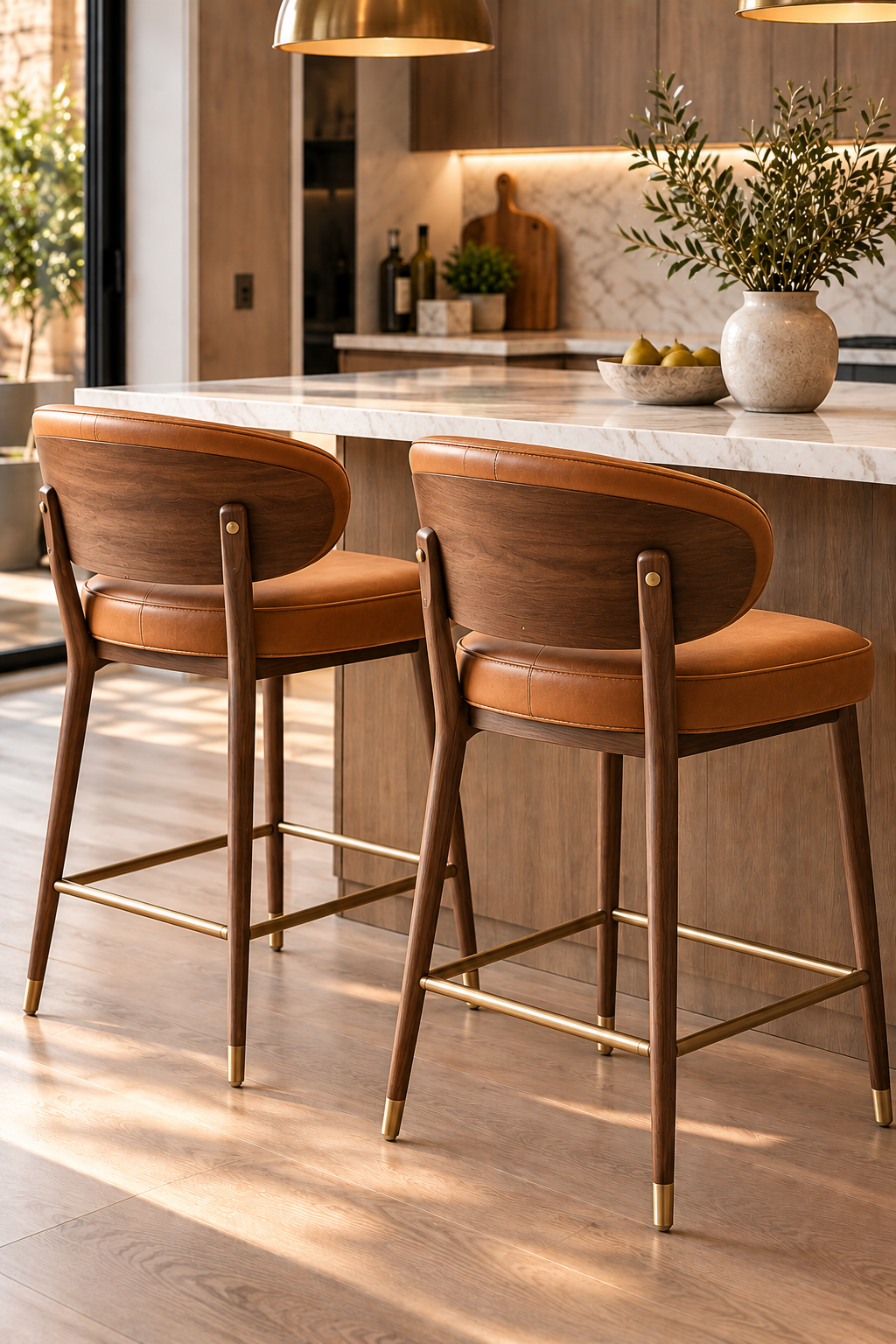Walnut and tan leather counter stool for modern kitchen island