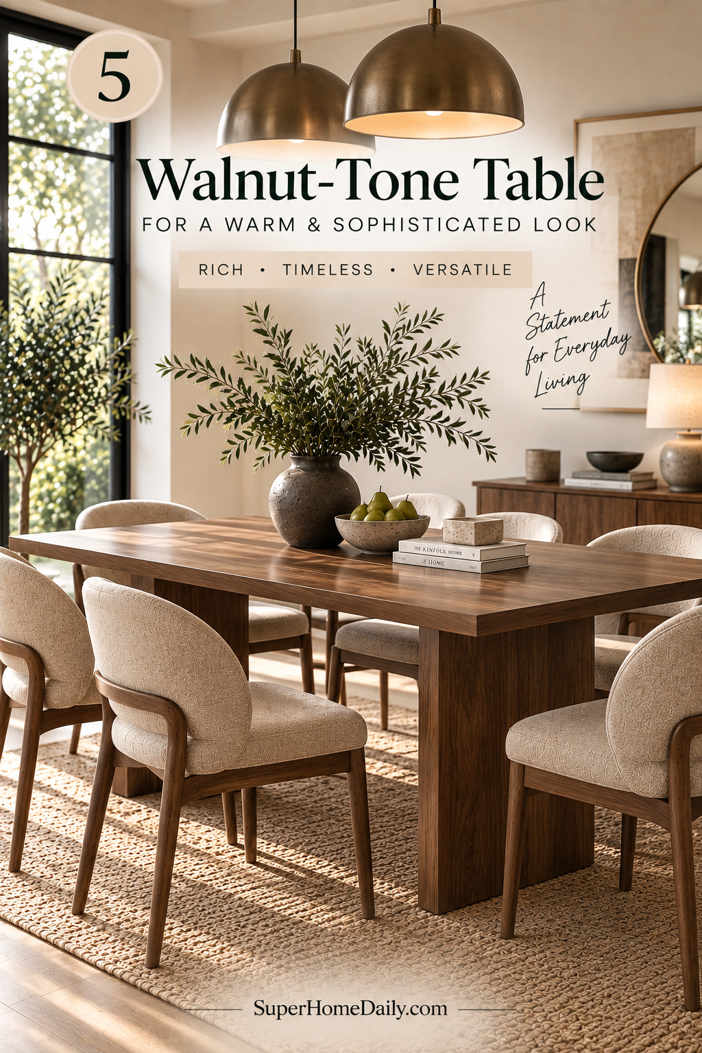 Walnut tone modern organic dining table styled in a sophisticated neutral dining room