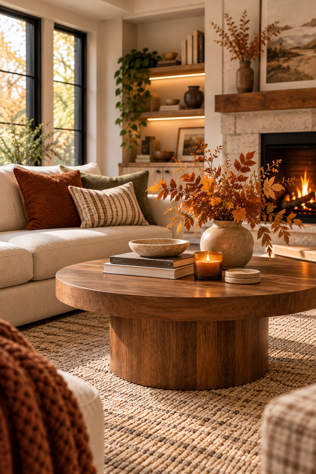 Walnut wood coffee table in a warm minimalist living room for fall