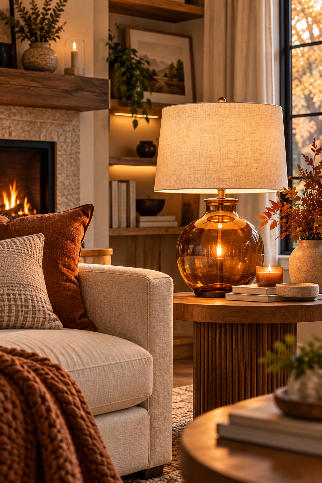 Warm amber glass table lamp in a cozy minimalist fall living room
