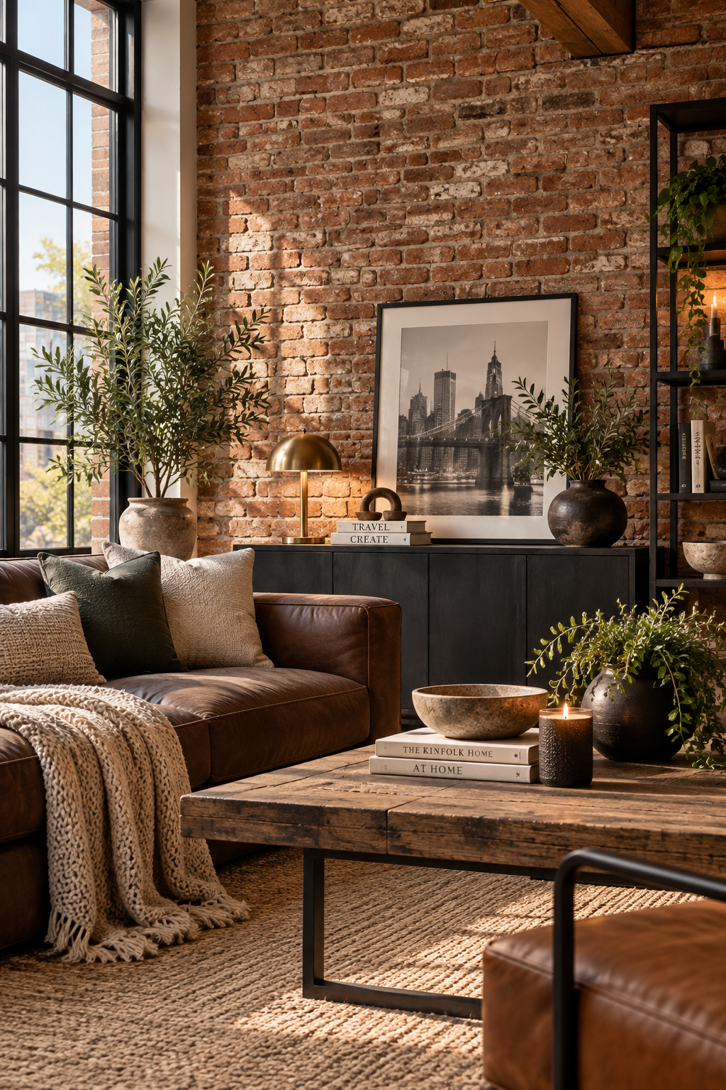 Warm industrial living room with exposed brick wall, leather sofa, natural wood, and cozy textures