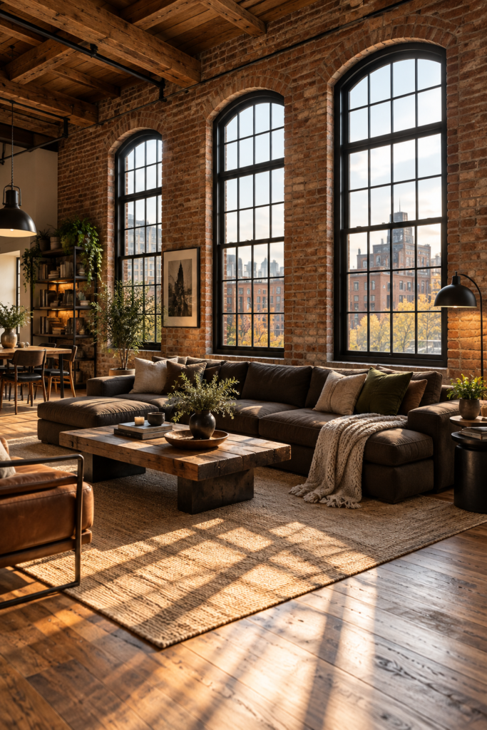 Warm industrial living room with exposed brick, black-framed windows, natural wood, and cozy furniture.