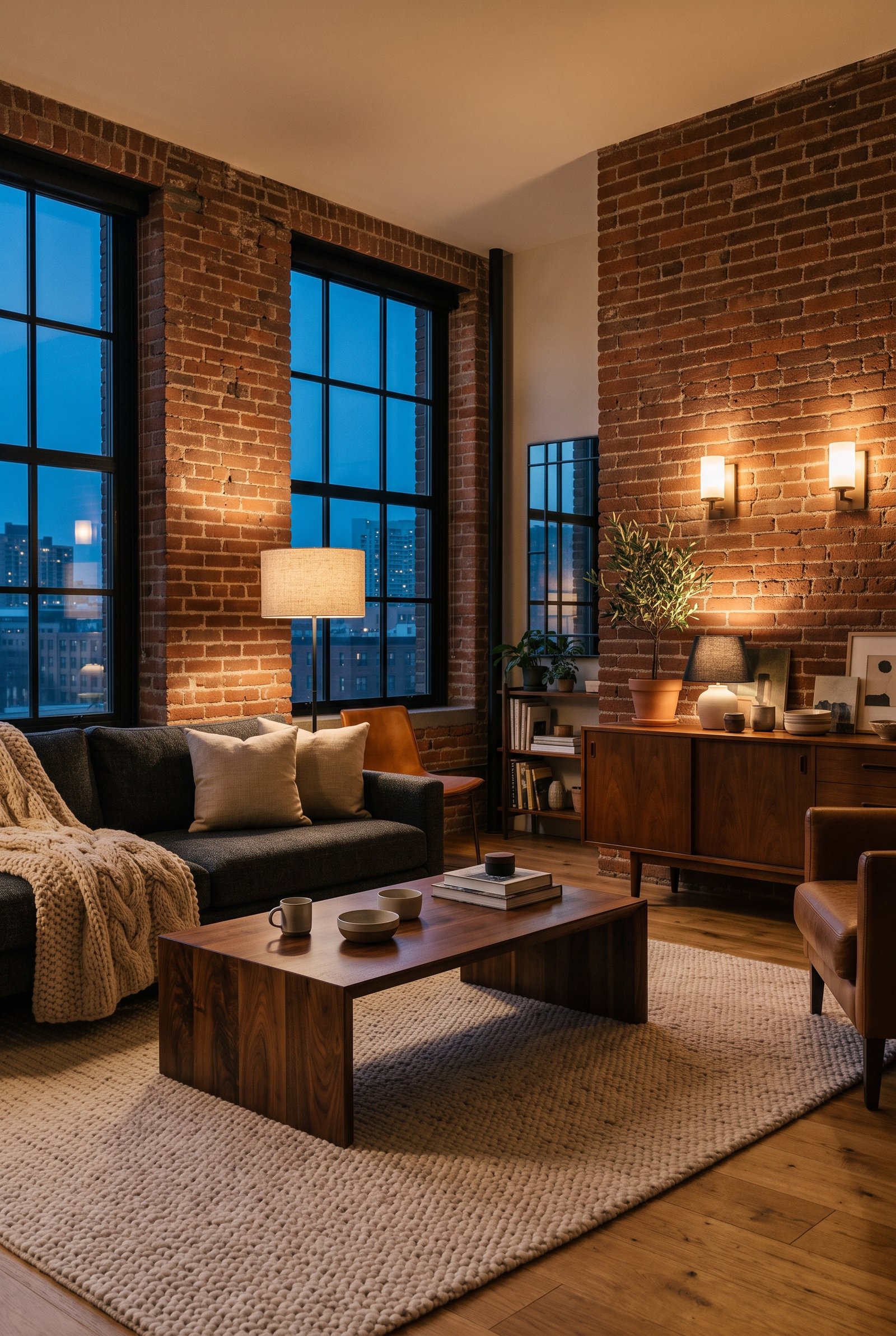Warm industrial living room with layered floor lamps, wall sconces, and cozy evening lighting