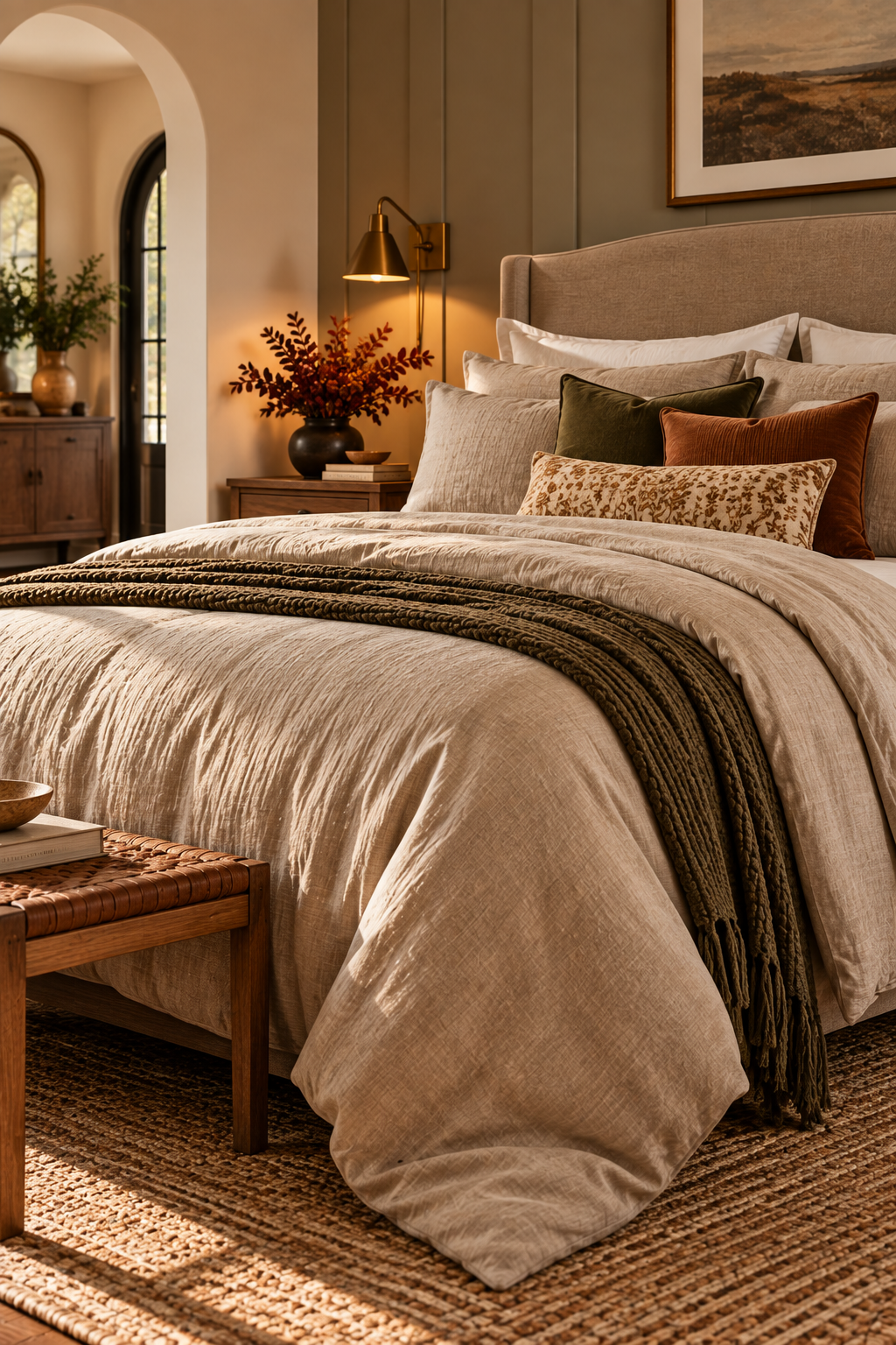 Warm neutral duvet cover for cozy fall bedroom decorating