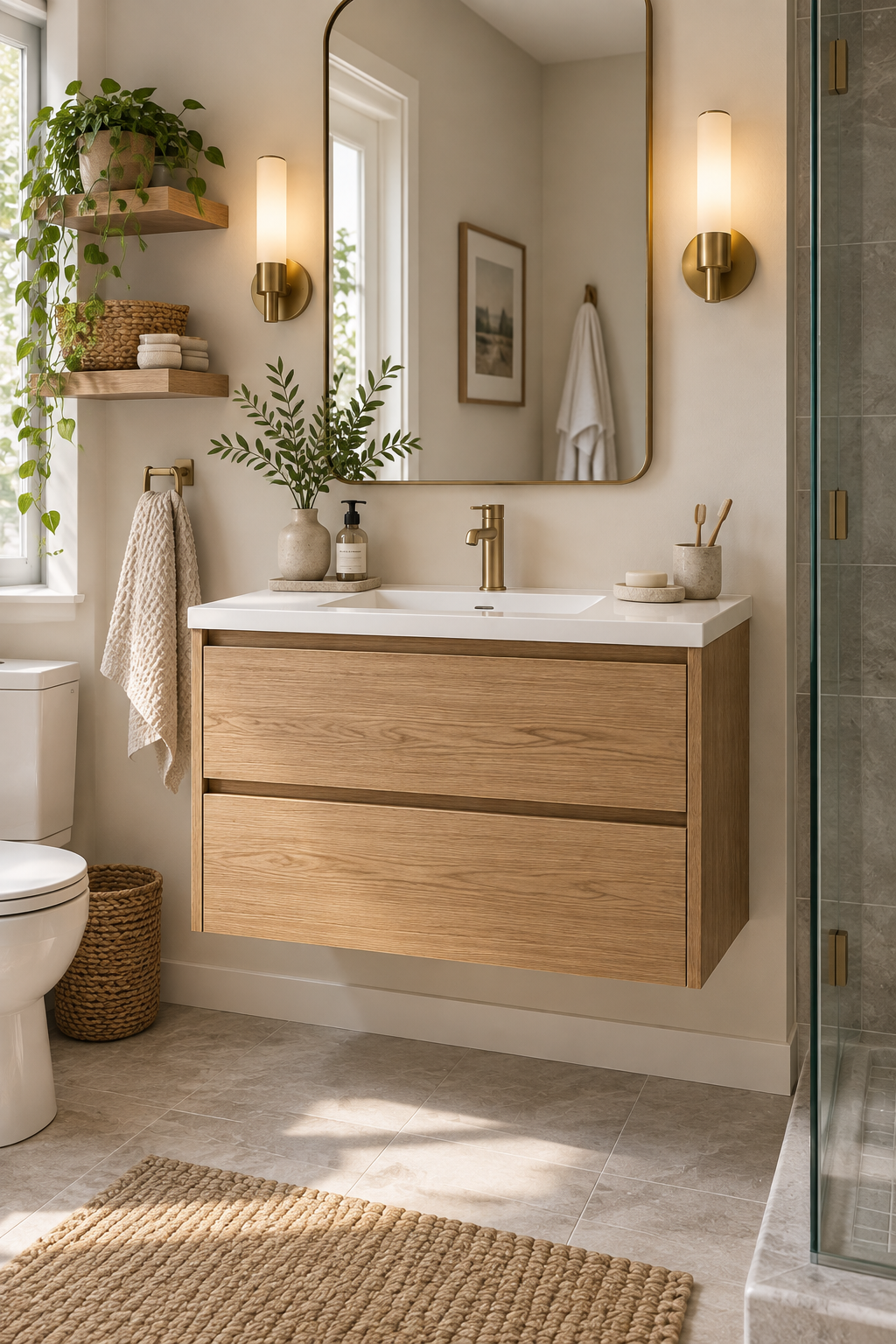 Floating vanities for compact bathrooms in warm oak with two storage drawers