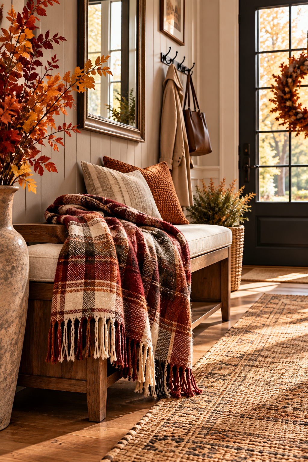 Warm plaid throw blanket for cozy fall entryway ideas