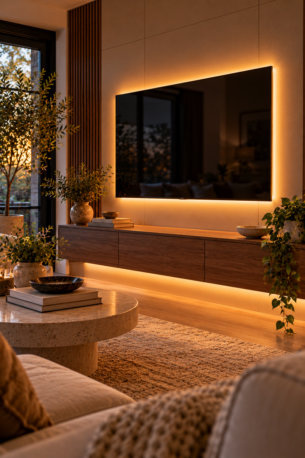 Warm white LED light strips for cozy living room lighting ideas