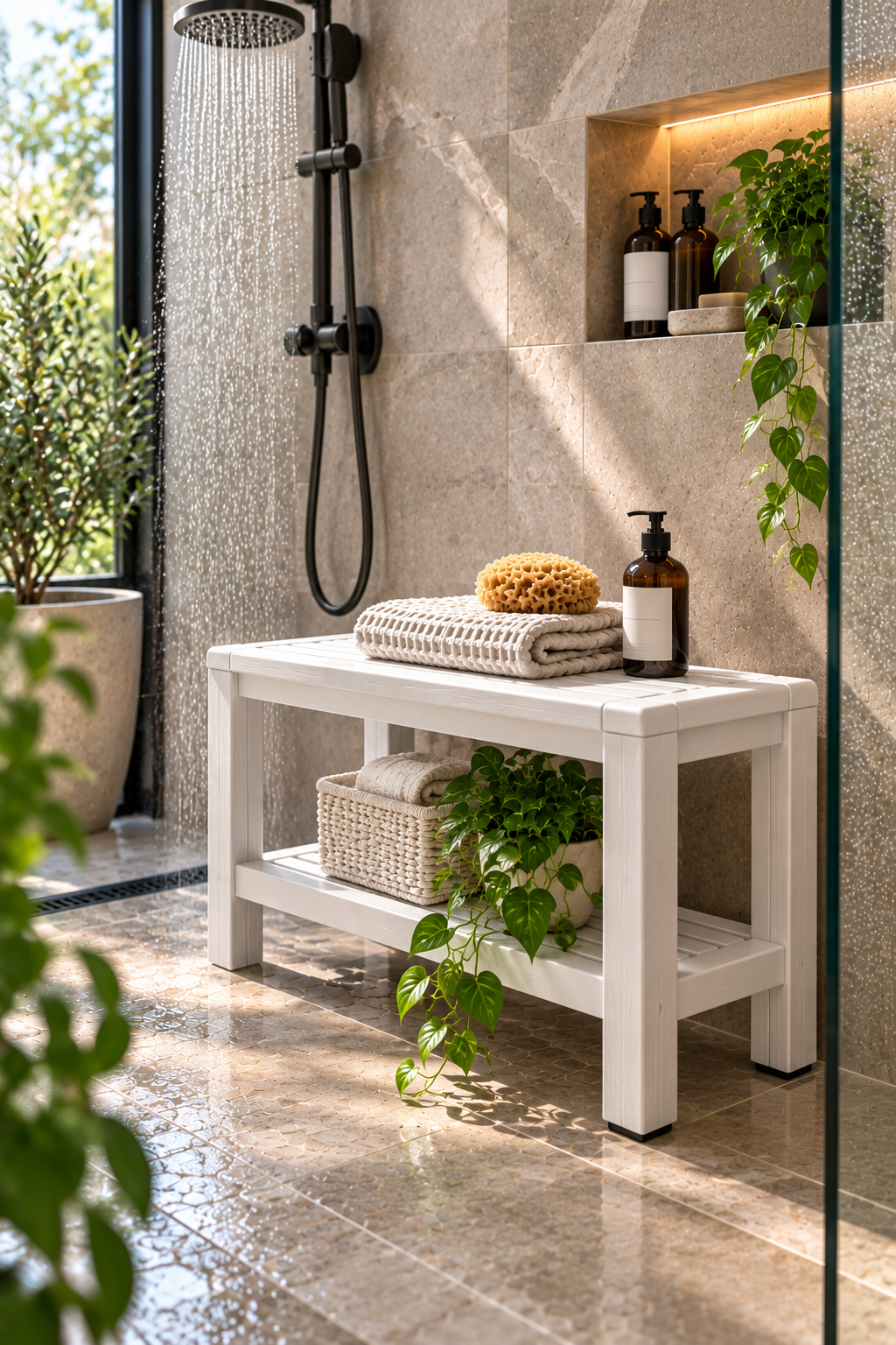 White waterproof HDPE shower bench in a modern walk-in shower