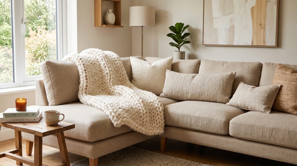 style chunky knit blankets on your sofa corner drape in modern living room