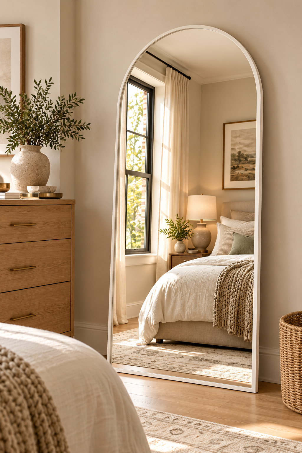 White arched floor mirror in a bright small bedroom