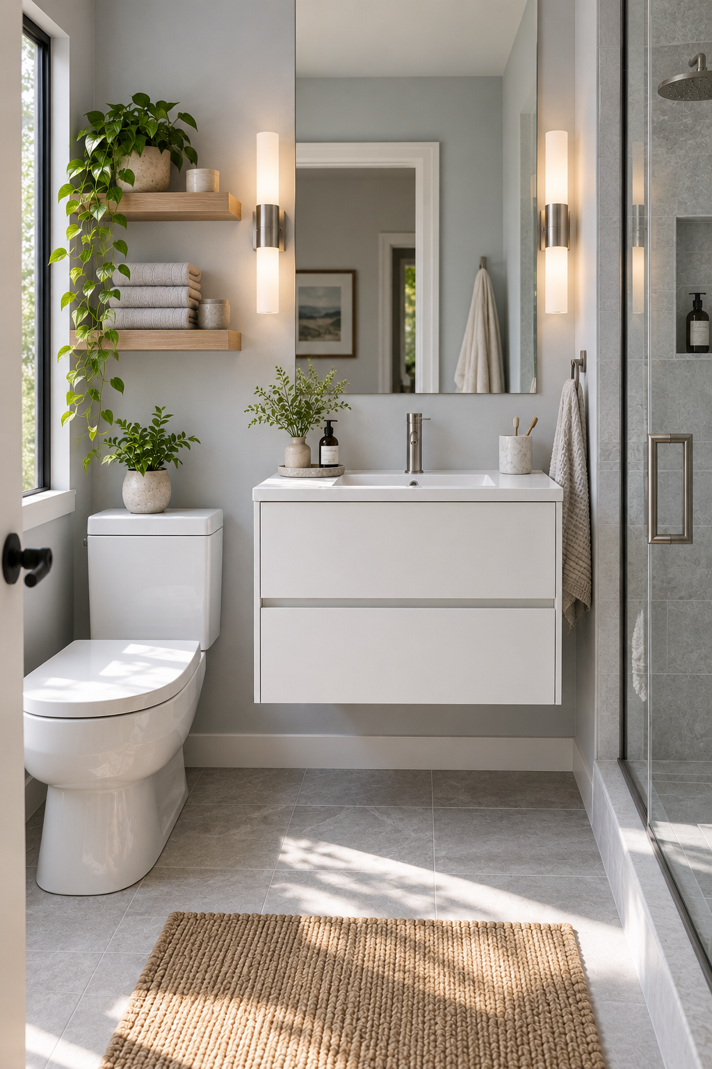 White minimalist floating vanity in a bright compact bathroom