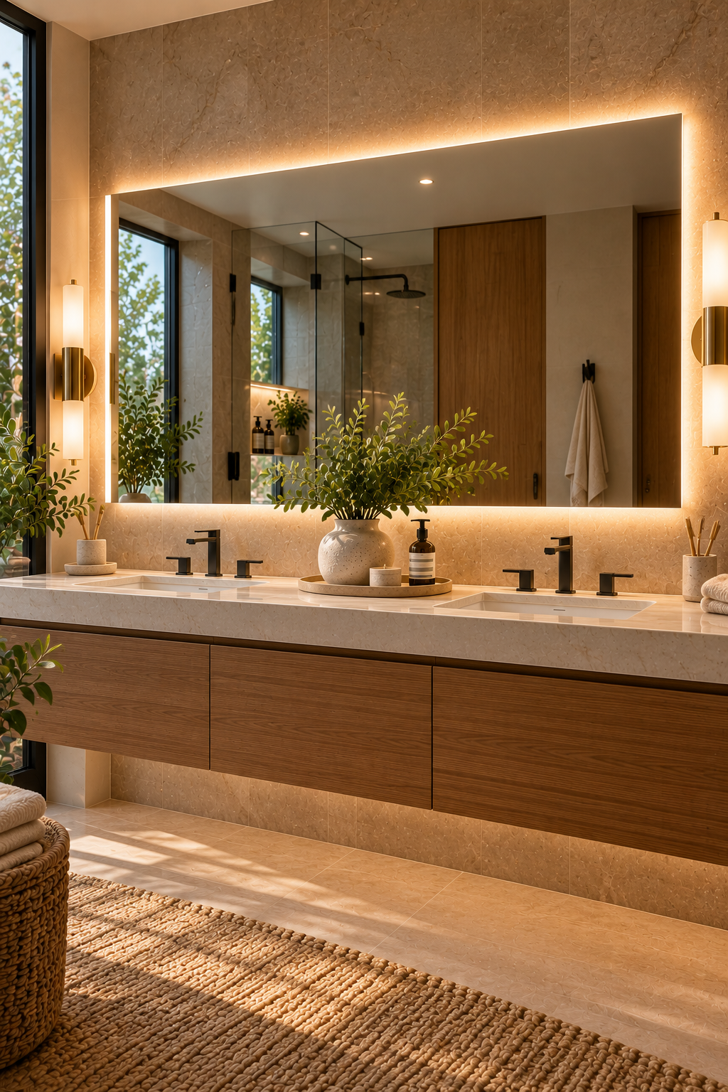 Wide frameless LED mirror above a modern double bathroom vanity