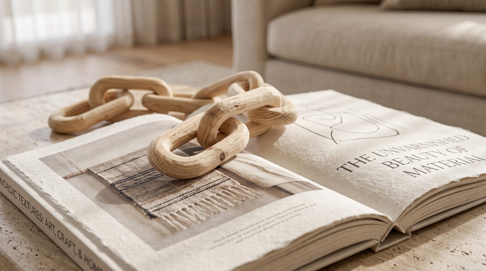 natural wood chain link decor accent on coffee table books