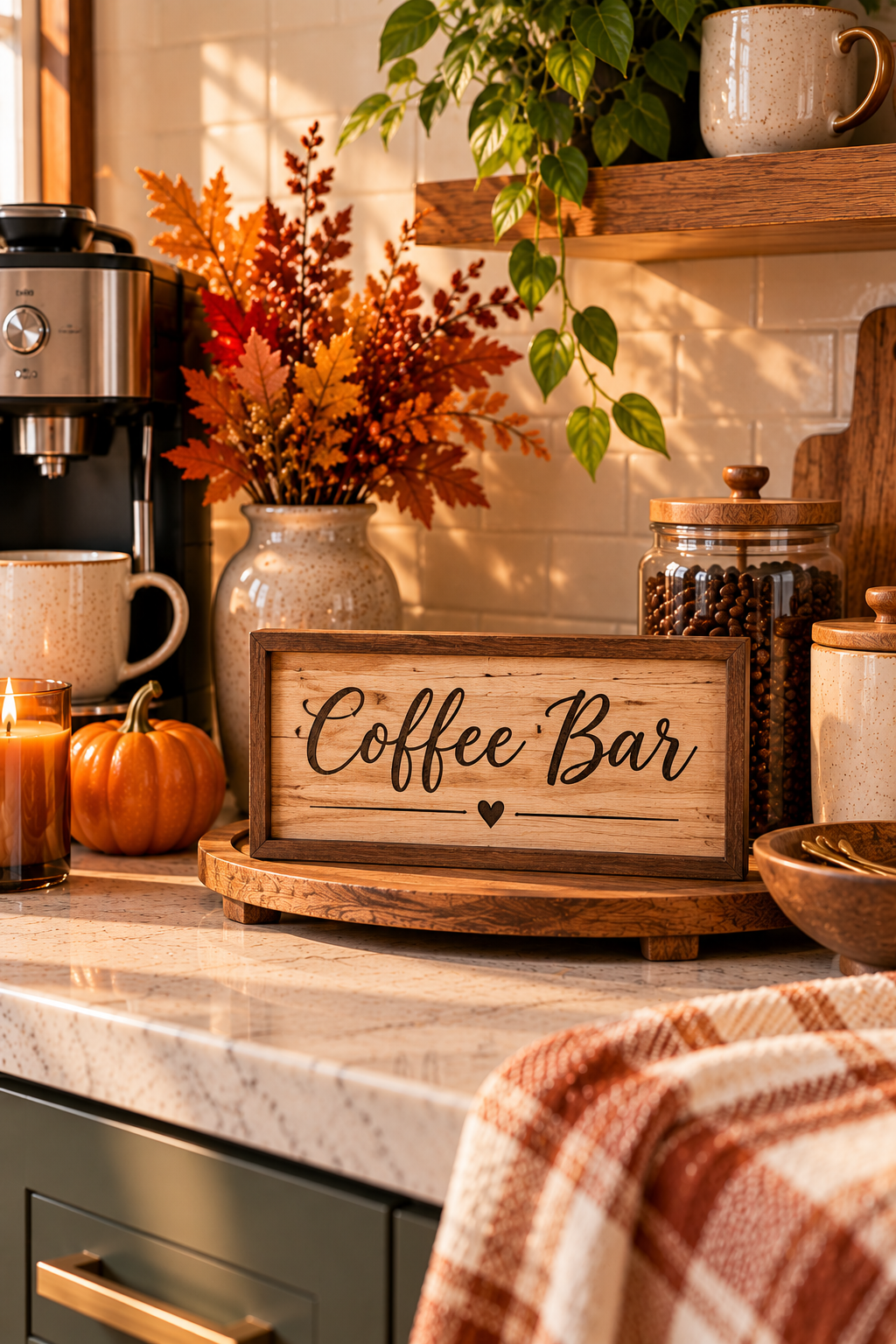 Wooden coffee bar sign for cozy fall coffee bar decor