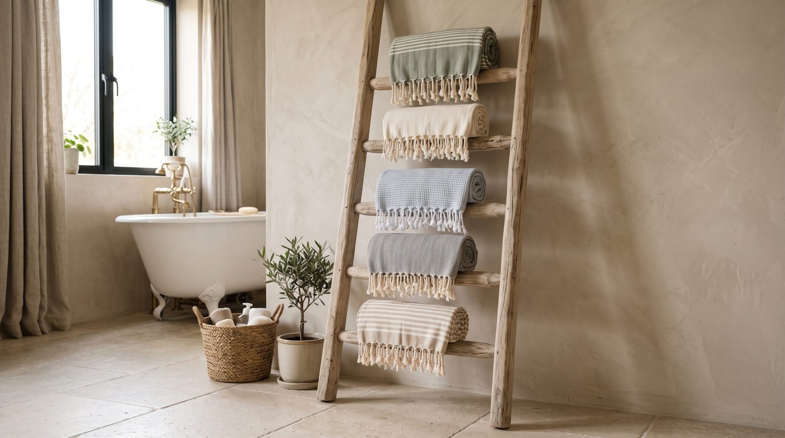 roll and display bath towels rustic wood ladder