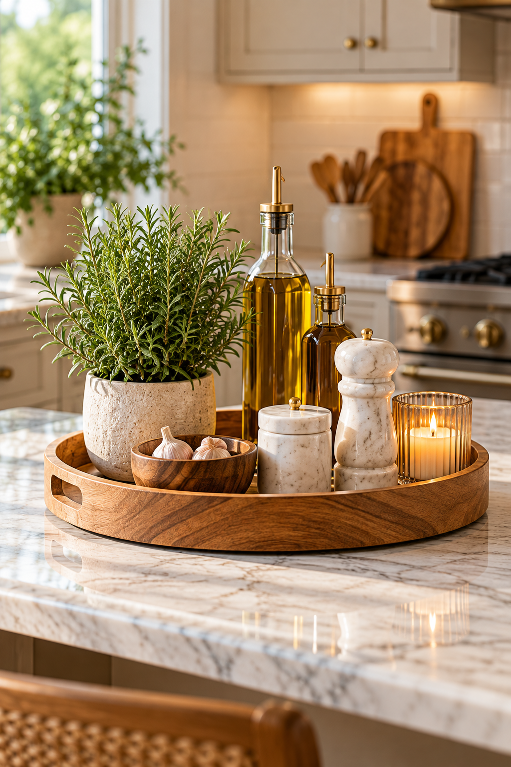 Wooden kitchen countertop organizers with oils and everyday cooking essentials