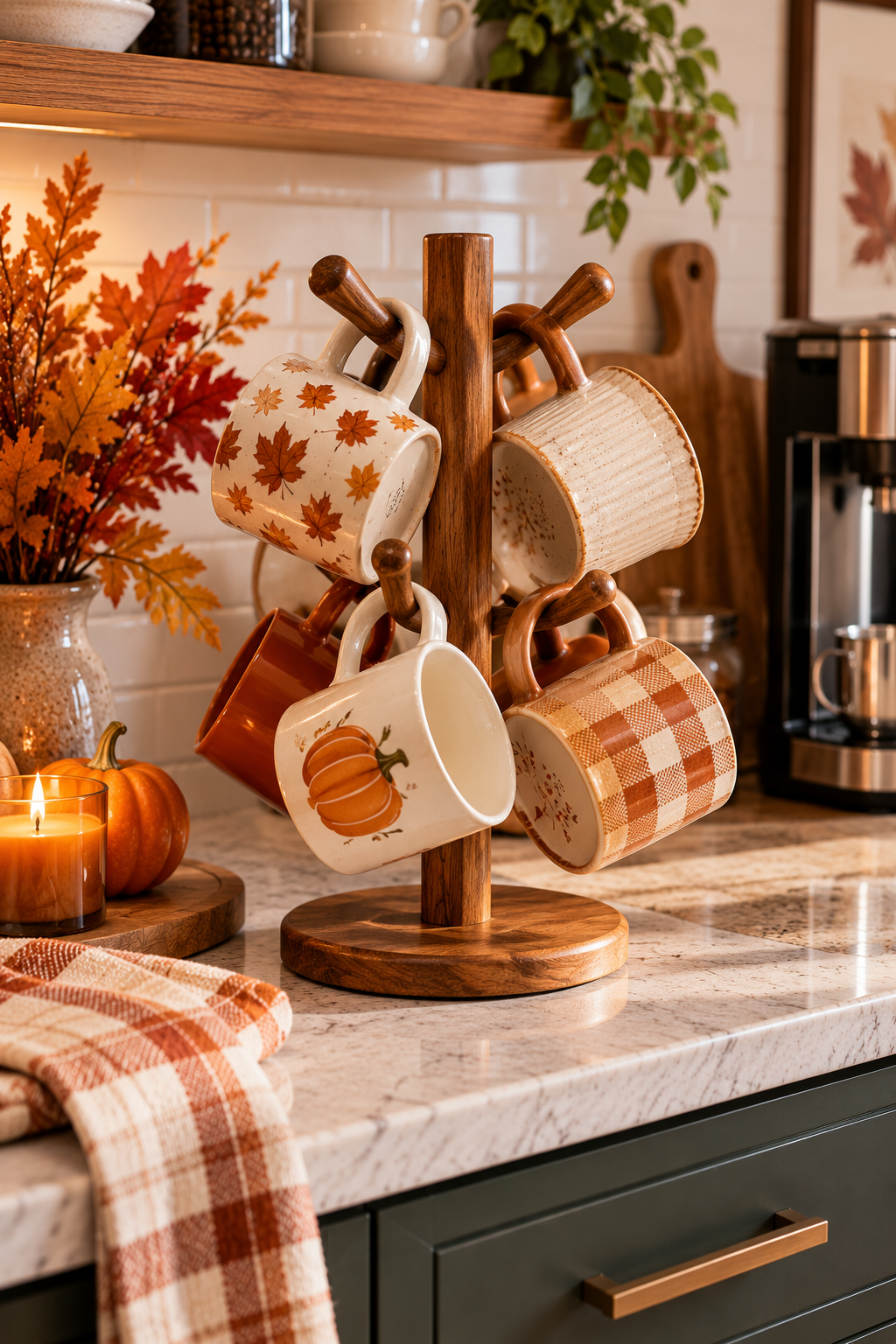 Wooden mug tree with ceramic mugs for cozy fall coffee bar ideas