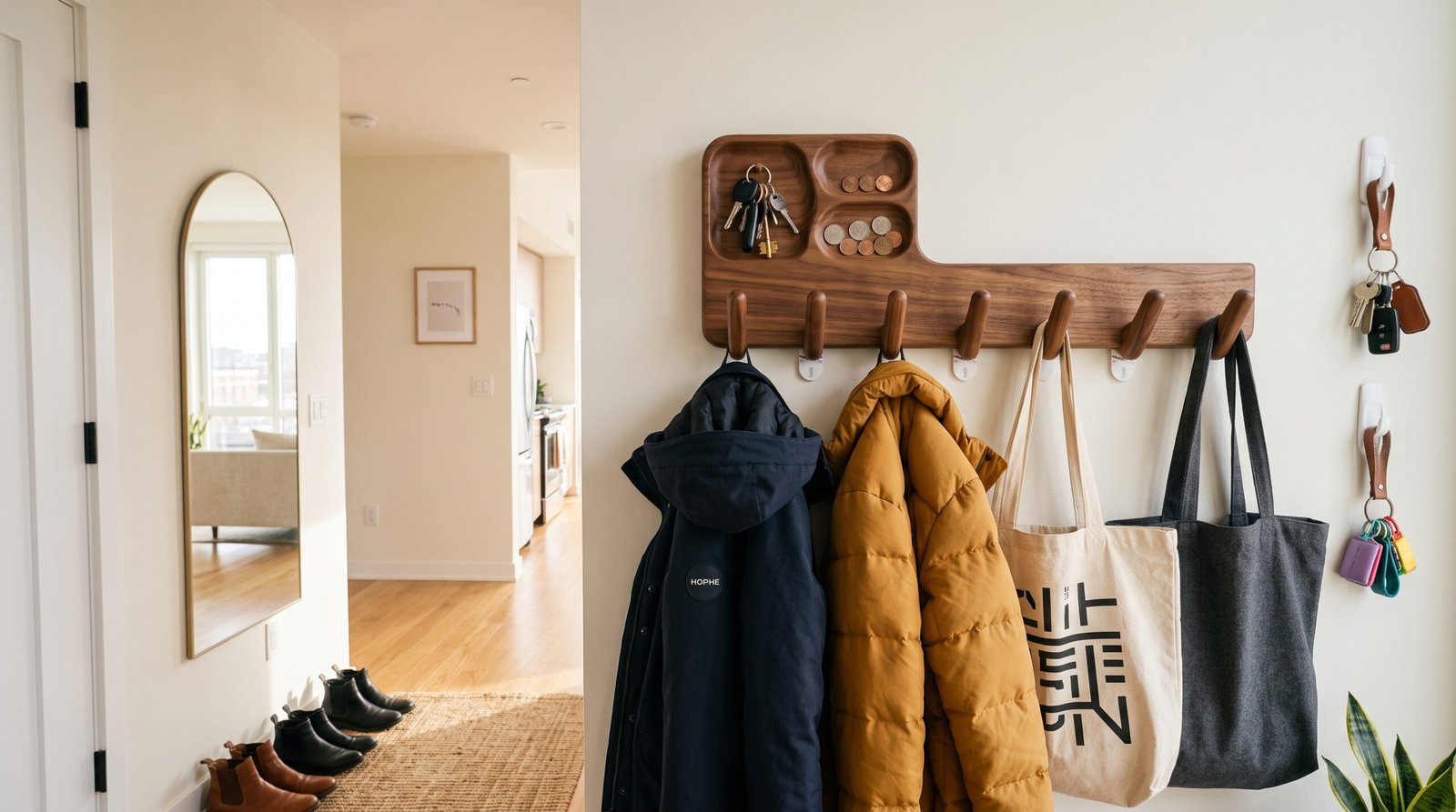 renter-friendly wall hook ideas for coats and keys wooden pegs